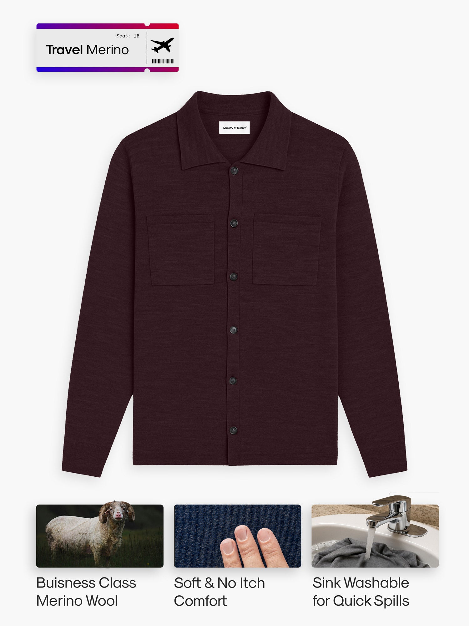 Mens Merino Wool Overshirt | Burgundy | Machine Washable, Wrinkle