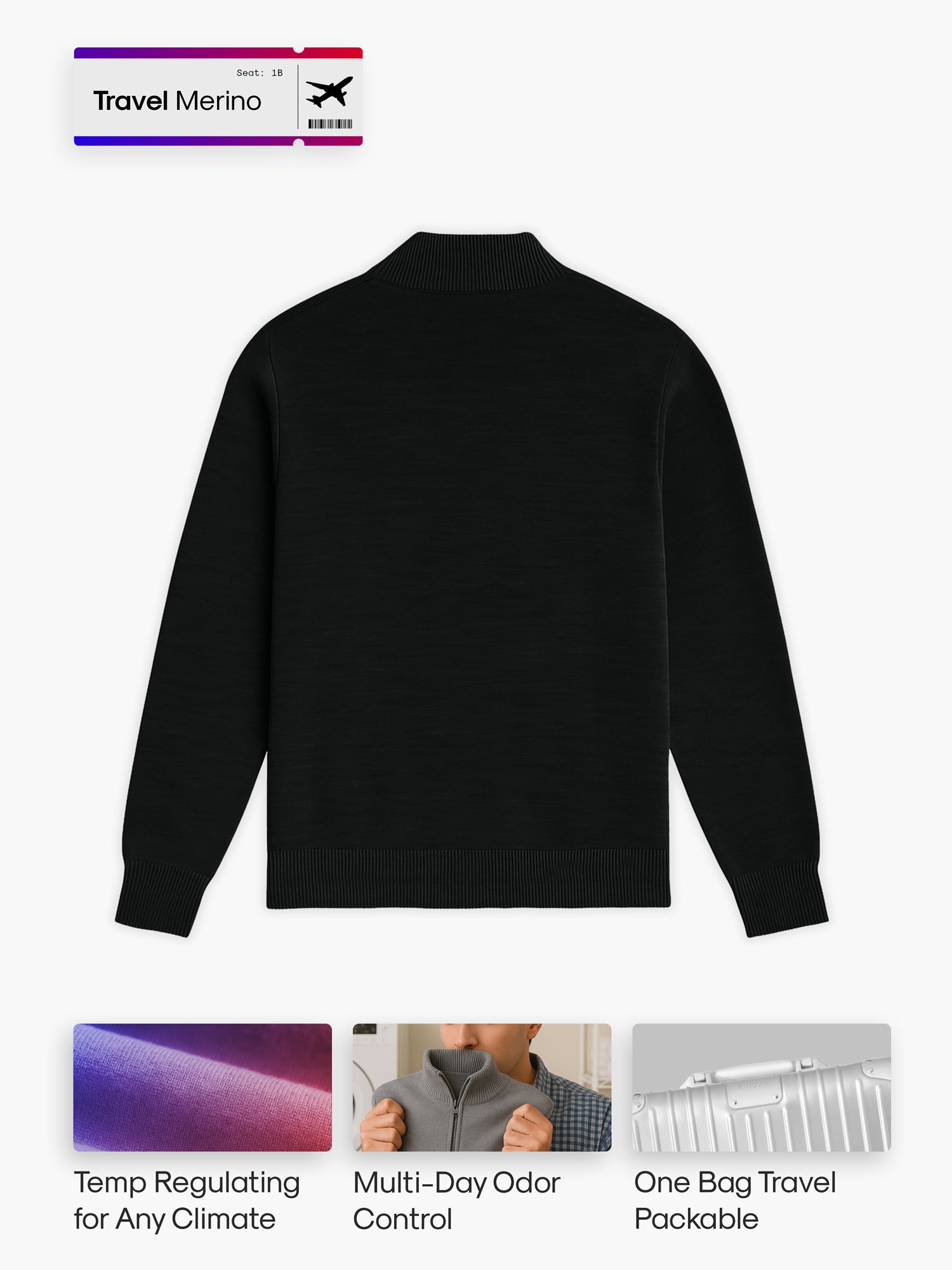 Mens Merino Wool Zip | Black | Machine Washable, Wrinkle Free