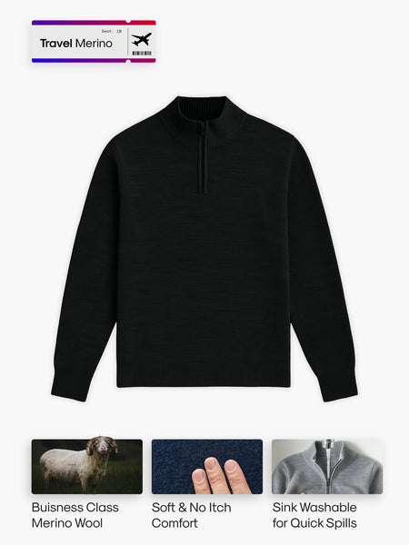 Mens Merino Wool Zip | Black | Machine Washable, Wrinkle Free