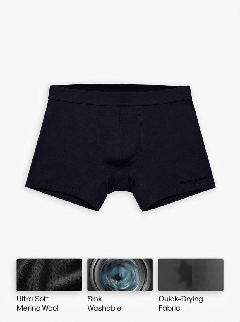 Men's Travel Merino Boxer Brief in Navy, front view