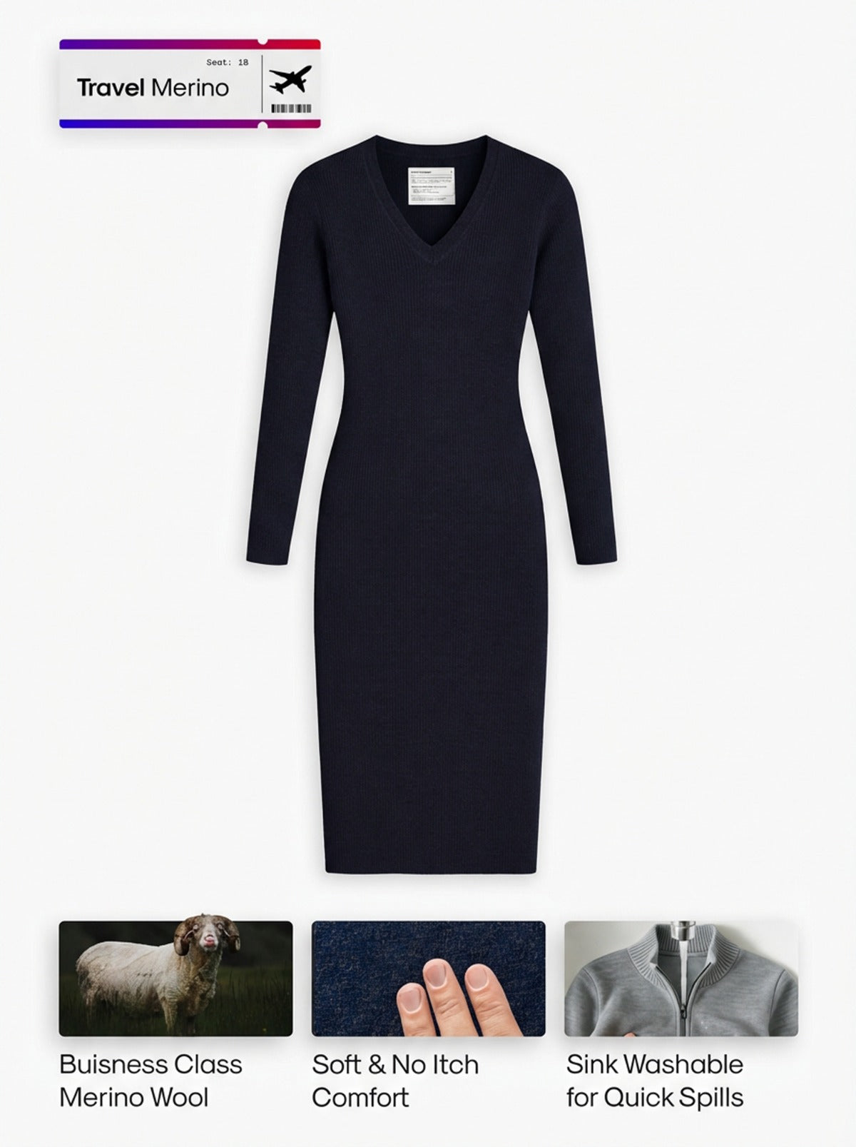Women's Merino Wool Long Sleeve Knit Dress for Travel Women's Merino Wool Long Sleeve Knit Dress for Travel