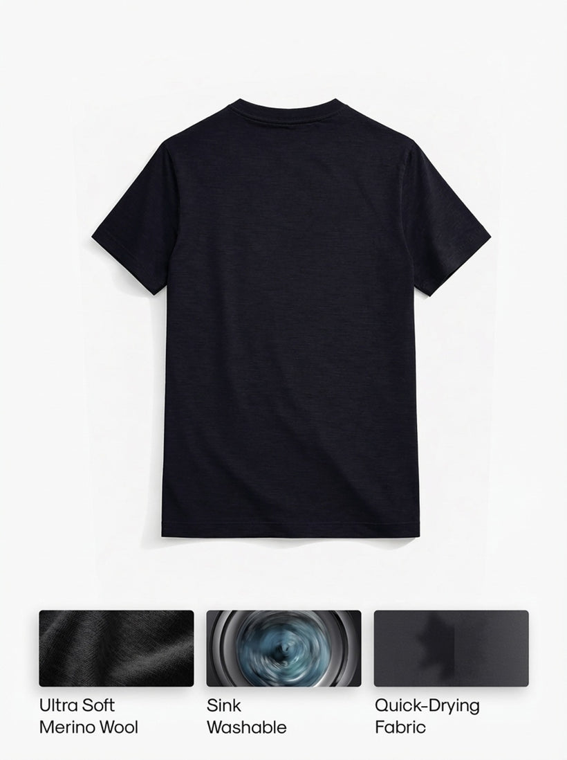 Men's Travel Merino Tee in Navy, back view