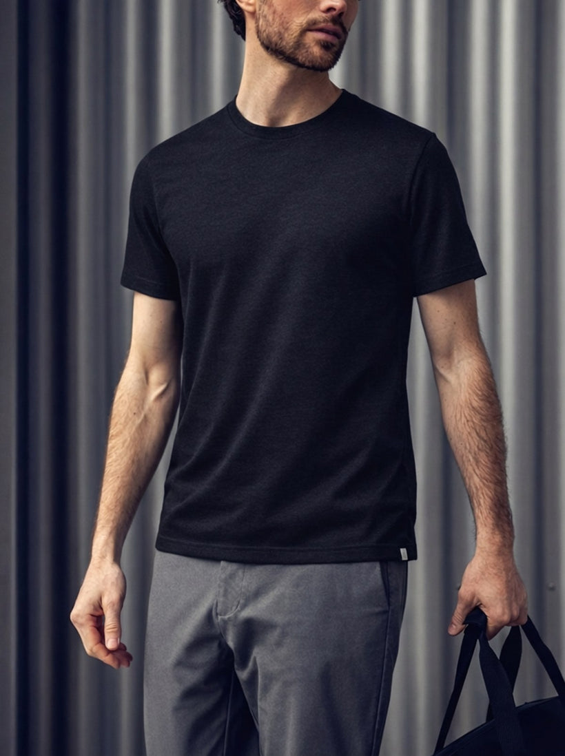 Men's Travel Merino Tee in Navy, worn on model